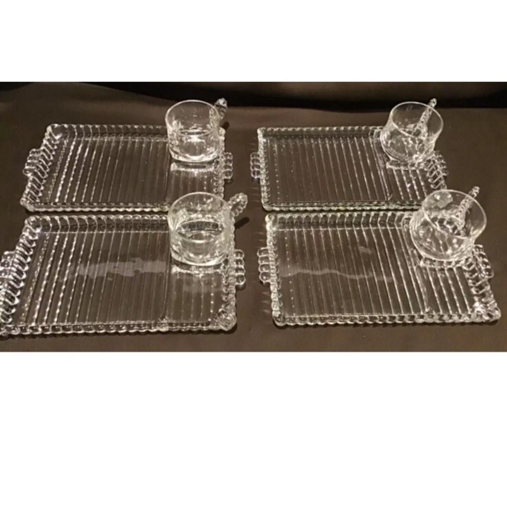 Orchard Crystal Party Set 8pc Vintage Clear Ribbed Glass Snack Trays and Cups